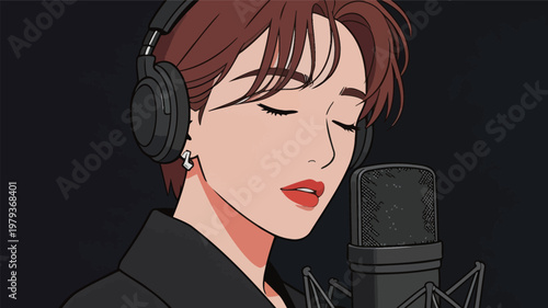 Illustrated Woman with Headphones Singing into Microphone