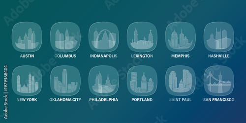 USA, American cities icons with glass, liquid effect. Set of cityscapes for interface design. Vector Austin, Indianapolis, Memphis, Nashville, New York, Portland skylines