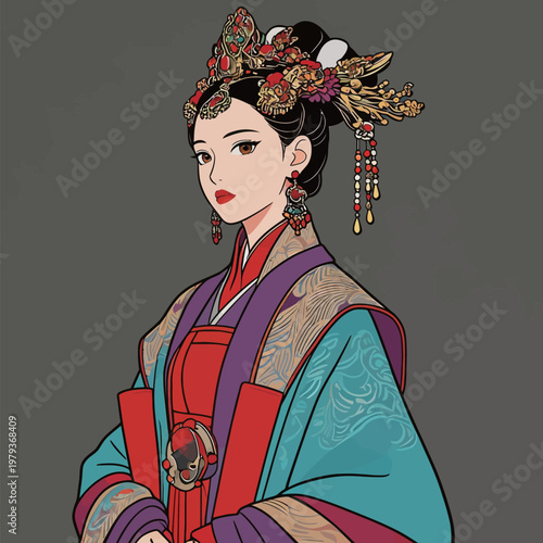 Illustration of a Traditional Chinese Lady in Ornate Attire