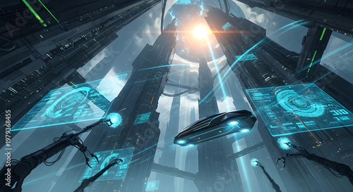 Futuristic Cityscape with Flying Object Emits Light Beams Downward Through Towering Structures