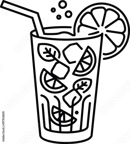 Mojito cocktail with lime slices, mint leaves, and ice cubes in a glass with a straw