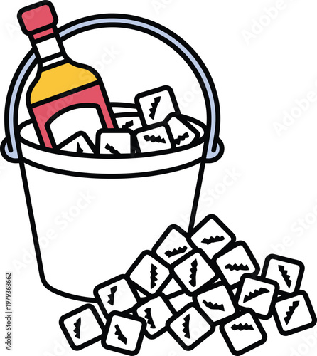 Vector illustration of a bucket filled with ice cubes and a bottle of liquor