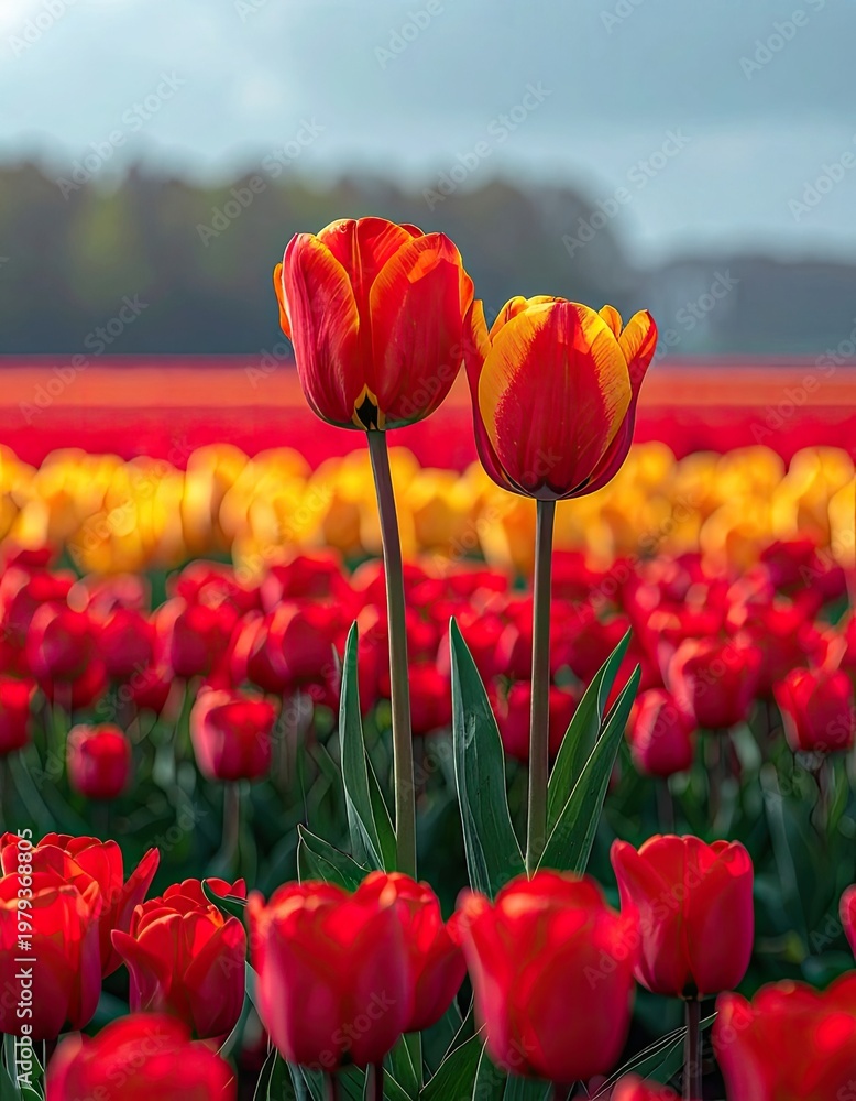 Obraz premium A vibrant close-up showcases two striking red and yellow tulips standing tall amidst a vast field of blooming red tulips under a soft, overcast sky.