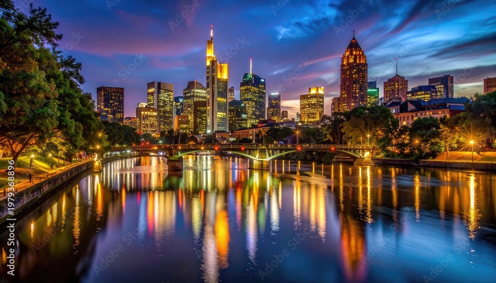 Naklejka premium A stunning twilight view of Frankfurt's skyline reflected in the Main River, showcasing the city's modern architecture and vibrant atmosphere.