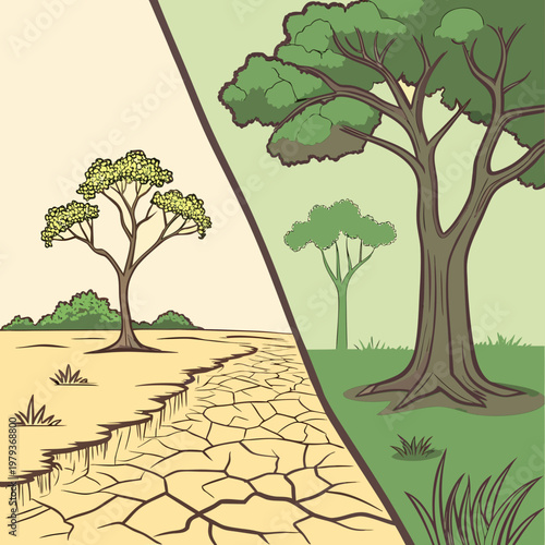 Drought vs lush green landscape, cracked earth and thriving tree, represents cli