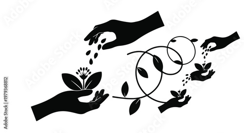 Hands nurturing growth, planting seeds and tending to delicate sprouts in a cycle of care.