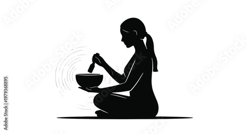 Silhouette of woman meditating with a singing bowl, creating peaceful vibrations.