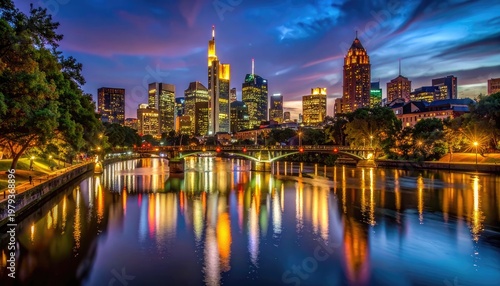 A stunning twilight view of Frankfurt's skyline reflected in the Main River, showcasing the city's modern architecture and vibrant atmosphere.