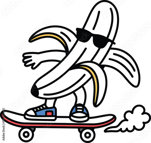 Cool cartoon banana character skateboarding on a skateboard