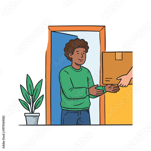 Person receiving package from another person at doorway with plant