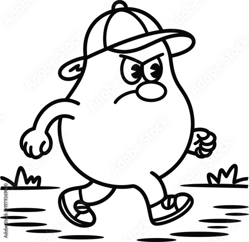 Angry cartoon potato character walking wearing a baseball cap