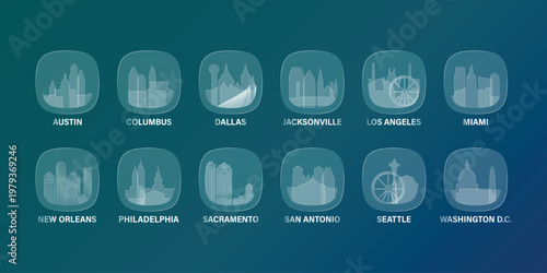 USA, American cities icons with glass, liquid effect. Set of cityscapes for interface design. Vector Austin, Dallas, Miami, Washington, Philadelphia, New Orleans skylines