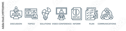 Meeting banner web icon vector illustration for business meeting and discussion with communications, topics, solutions, plan, inform