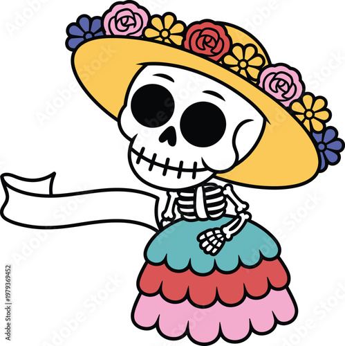 Cute cartoon skeleton character dressed as la catrina with a colorful floral hat and dress holding a blank banner for text