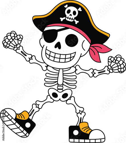 Cartoon pirate skeleton character wearing a hat and sneakers