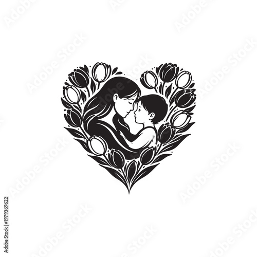 Mother and baby with tulips in a heart vector black and white sketch