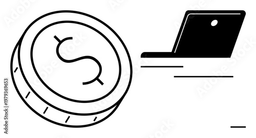 Online payments, e-commerce, financial transactions, digital economy, money management, remote banking. Coin with dollar sign next to a laptop. Online payments and e-commerce concept