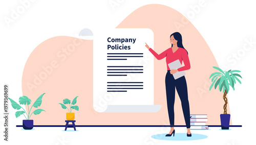 Professional woman presenting company policies document on giant paper scroll, human resources manager explaining corporate rules and regulations in office, flat design vector illustration