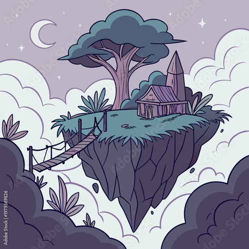Floating island sanctuary under a starry night sky with floating, sanctuary