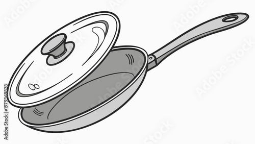 Vector image of a frying pan with a handle, isolated on a white background. Detailed texture of metal and non-stick coating. For menus and advertisements, logos, schemes, icons, and printed products.