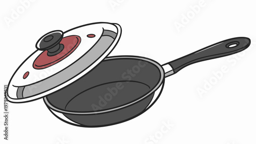 Vector image of a frying pan with a handle, isolated on a white background. Detailed texture of metal and non-stick coating. For menus and advertisements, logos, schemes, icons, and printed products.