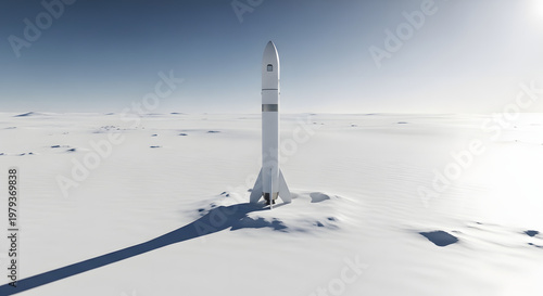 Rocket on Icy Terrain: A solitary rocket stands tall amidst an endless expanse of pristine ice and snow, against a clear, sun-drenched sky. This captures a moment of ambition and aspiration.