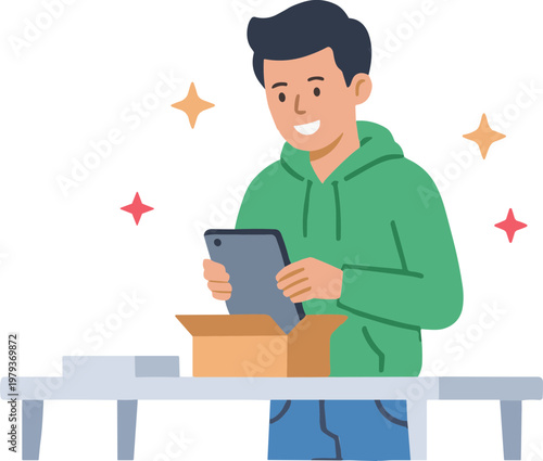 Man unboxes tablet on table with stars around him indoors