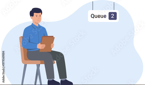 Man sitting on chair holds clipboard in queue waiting area indoors