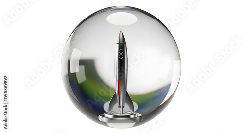 Concept of Flight Encased: A sleek, modern aircraft model is elegantly captured within a clear sphere, symbolizing innovation, progress, and the boundless aspirations of flight. 