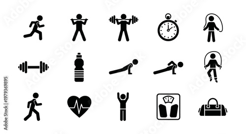 Fitness and exercise icons black and white workout illustrations