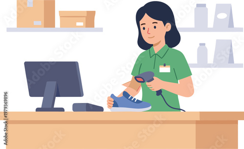 Woman scans blue shoe at store checkout counter with shelves