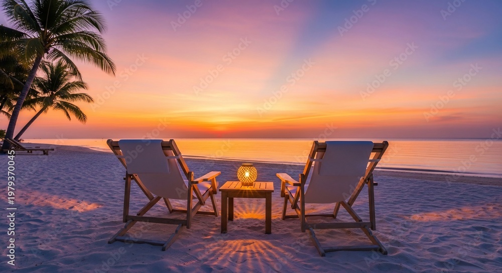 Obraz premium Golden Hour Serenity: Two Loungers Await the Twilight's Embrace by the Calm Sea.