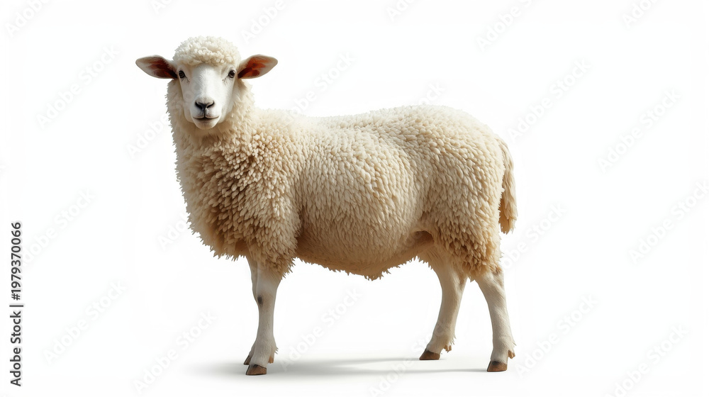 Fototapeta premium A fluffy white sheep standing on a plain white background looking directly at the camera with curiosity and innocence