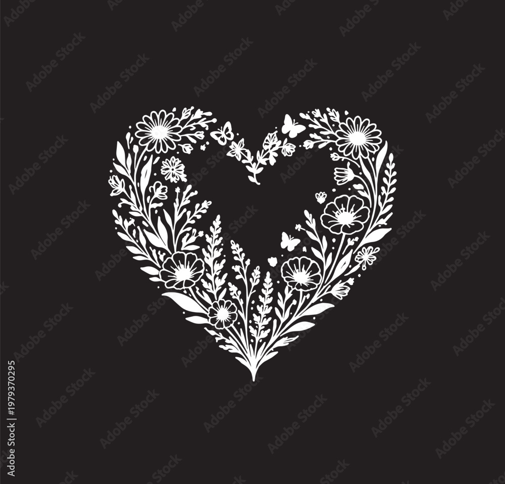 © bleskk - Heart with spring flowers vector black background white sketch © bleskk - Heart with spring flowers vector black background white sketch