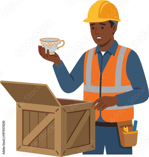 A construction worker carefully holds a teacup from an open cardboard box.