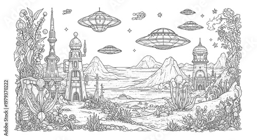 Fantasy landscape with flying saucers and alien city illustration