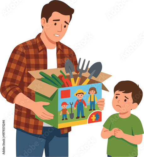 A man gives a box of gardening tools to a young boy outdoors.