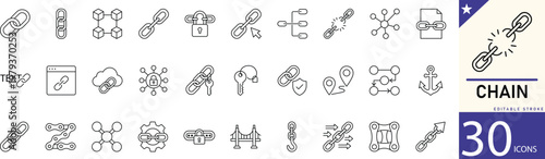 Minimal Chain line icon set for link, connection, security, network, and attachment. Editable vector icons for UI design, web apps, cybersecurity, and digital projects