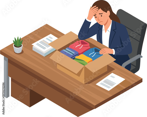 A stressed woman sits at her office desk with a box of files and papers.
