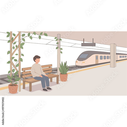 Man sitting on bench at train station waiting for transportation