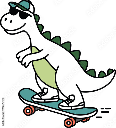 Cool cartoon dinosaur skateboarding wearing sunglasses and a cap