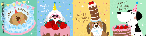 Happy birthday greeting card with cute dog, party hat, strawberry and chocolate cake. Animal cartoon characters in party. -Vector