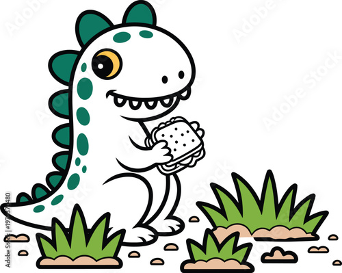 Cute cartoon dinosaur eating a sandwich in the grass