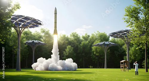 Eco-Friendly Launch: A groundbreaking fusion of technology and nature, a rocket soars from a lush green field, surrounded by innovative solar installations.