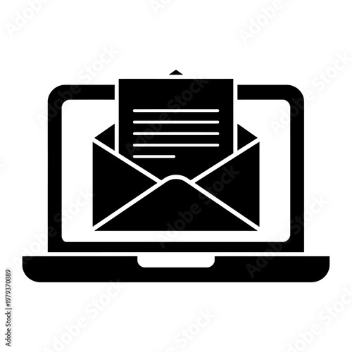 Vector of an open envelope emerging from a laptop screen displaying a document