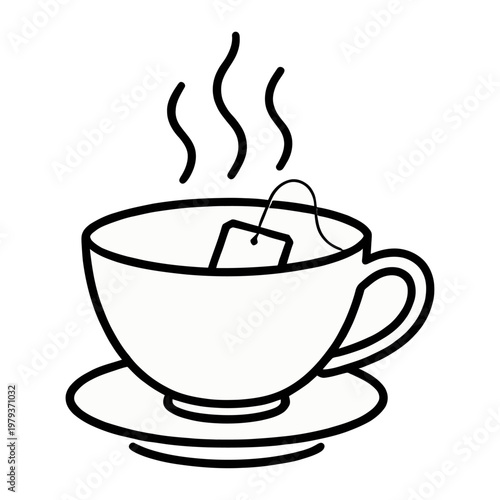 Vector of a hot steaming cup of tea with a teabag on a saucer