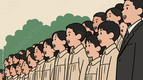 Group of children singing in chorus outdoors