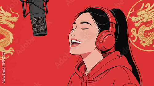 Young Woman Singing with Red Headphones