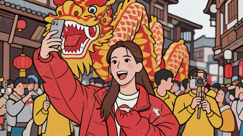 Woman Taking Selfie with Dragon Dance at Festival