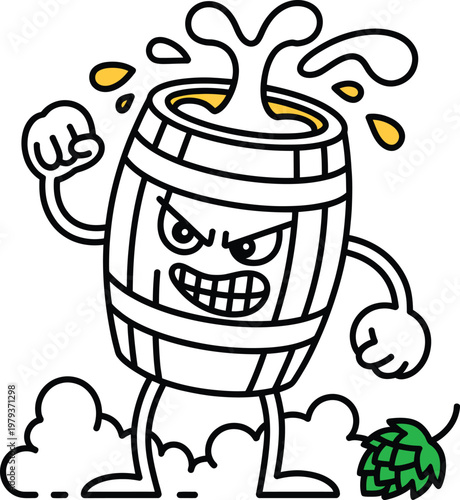 Angry beer barrel cartoon character with splashing liquid and hop cone